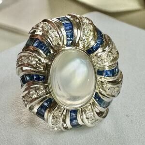 Art Deco Platnium Moonstone Diamond And Sapphire Ring